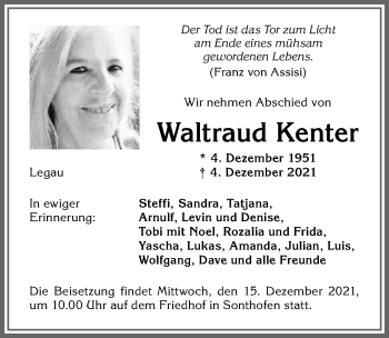 Traueranzeige von Waltraud Kenter von Allgäuer Zeitung,Kempten