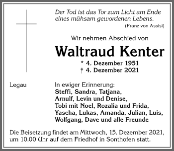 Traueranzeige von Waltraud Kenter von Allgäuer Anzeigeblatt