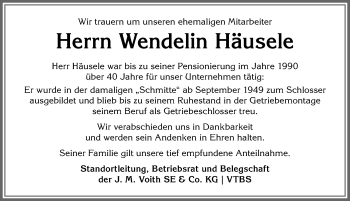 Traueranzeige von Wendelin Häusele von Allgäuer Anzeigeblatt