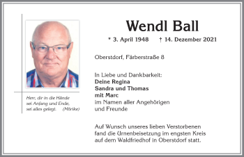 Traueranzeige von Wendl Ball von Allgäuer Anzeigeblatt