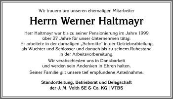 Traueranzeige von Werner Haltmayr von Allgäuer Anzeigeblatt