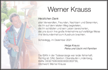 Traueranzeige von Werner Krauss von Der Westallgäuer