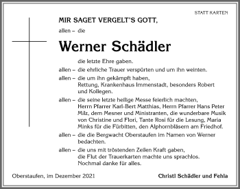 Traueranzeige von Werner Schädler von Allgäuer Anzeigeblatt