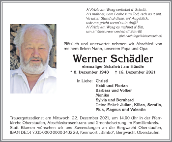 Traueranzeige von Werner Schädler von Allgäuer Anzeigeblatt