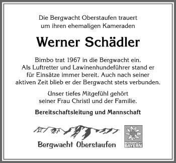 Traueranzeige von Werner Schädler von Allgäuer Anzeigeblatt