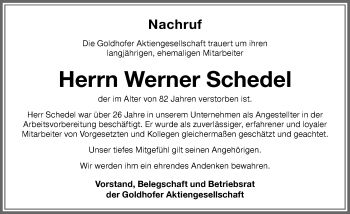 Traueranzeige von Werner Schedel von Memminger Zeitung