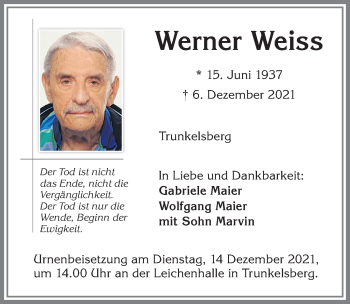 Traueranzeige von Werner Weiss von Memminger Zeitung