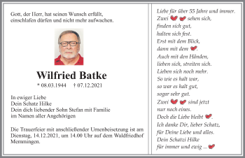 Traueranzeige von Wilfried Batke von Allgäuer Zeitung,Kempten