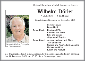 Traueranzeige von Wilhelm Dörler von Allgäuer Zeitung, Marktoberdorf