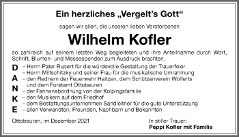 Traueranzeige von Wilhelm Kofler von Memminger Zeitung
