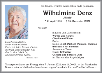 Traueranzeige von Wilhelmine Denz von Allgäuer Zeitung,Kempten