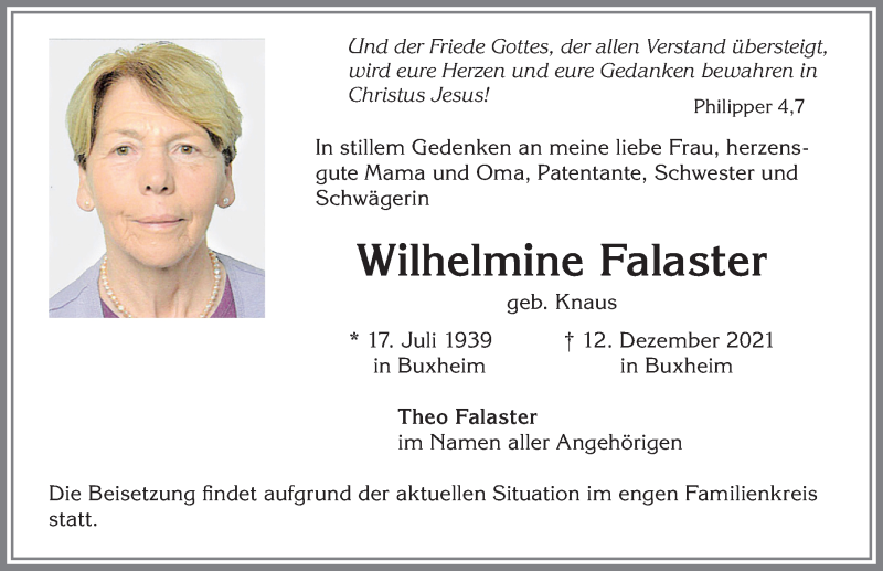  Traueranzeige für Wilhelmine Falaster vom 16.12.2021 aus Memminger Zeitung