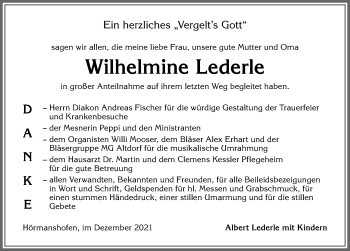 Traueranzeige von Wilhelmine Lederle von Allgäuer Zeitung, Marktoberdorf
