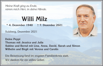 Traueranzeige von Willi Milz von Allgäuer Zeitung,Kempten