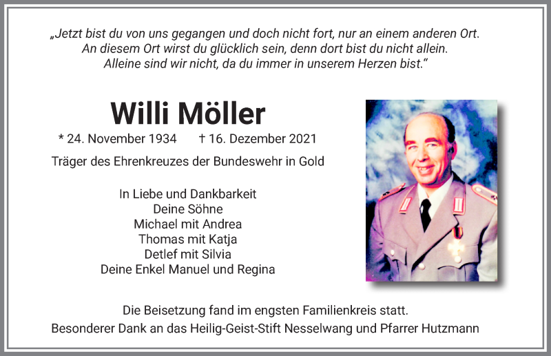  Traueranzeige für Willi Möller vom 28.12.2021 aus Allgäuer Zeitung, Füssen