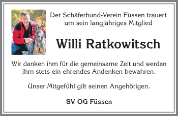 Traueranzeige von Willi Ratkowitsch von Allgäuer Zeitung, Füssen