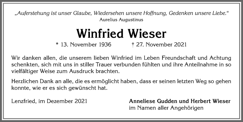  Traueranzeige für Winfried Wieser vom 11.12.2021 aus Allgäuer Zeitung,Kempten