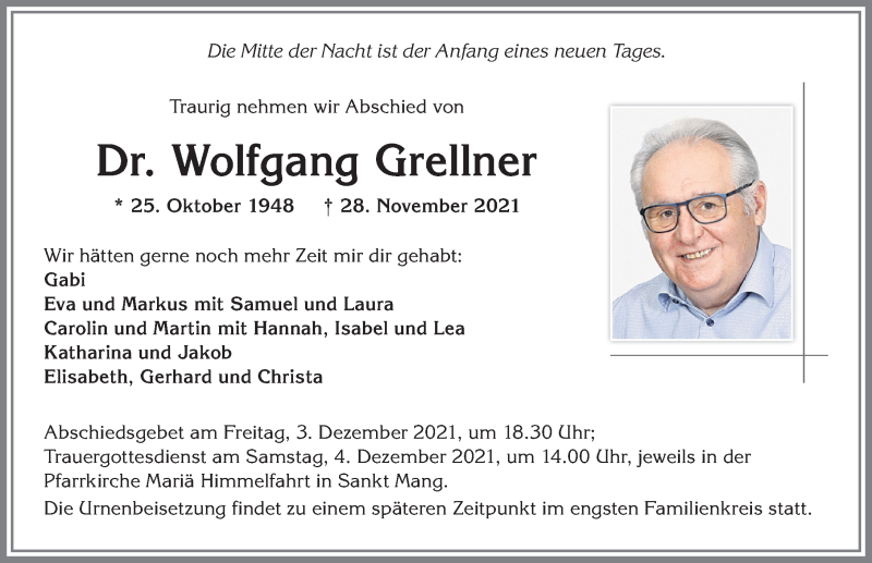  Traueranzeige für Wolfgang Grellner vom 02.12.2021 aus Allgäuer Zeitung,Kempten