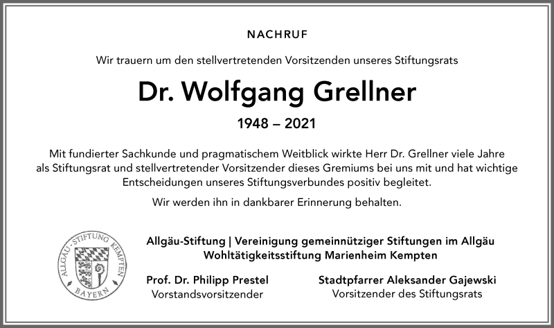  Traueranzeige für Wolfgang Grellner vom 24.12.2021 aus Allgäuer Zeitung,Kempten