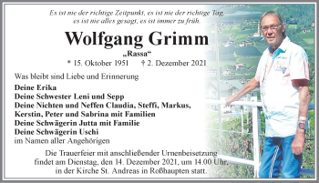 Traueranzeige von Wolfgang Grimm von Allgäuer Zeitung, Füssen