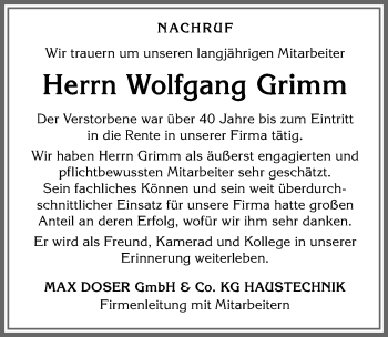 Traueranzeige von Wolfgang Grimm von Allgäuer Zeitung, Füssen