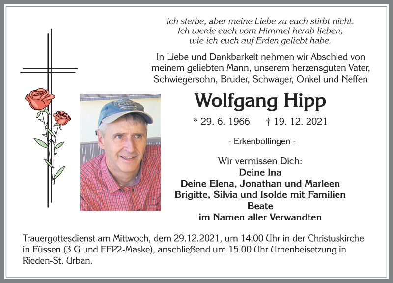  Traueranzeige für Wolfgang Hipp vom 27.12.2021 aus Allgäuer Zeitung, Füssen