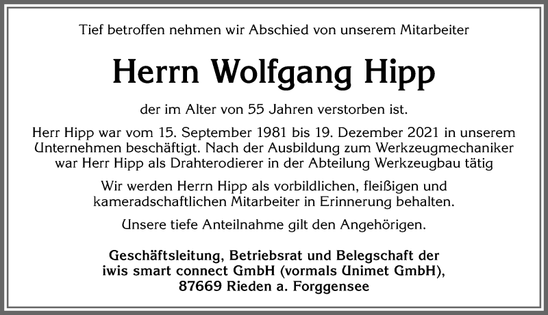  Traueranzeige für Wolfgang Hipp vom 30.12.2021 aus Allgäuer Zeitung, Füssen