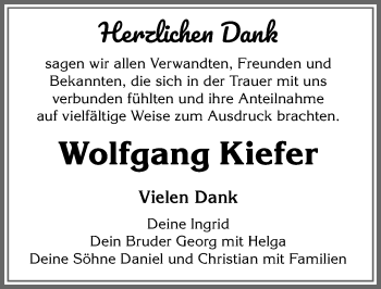 Traueranzeige von Wolfgang Kiefer von Memminger Zeitung
