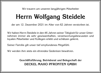 Traueranzeige von Wolfgang Steidele von Allgäuer Zeitung, Füssen