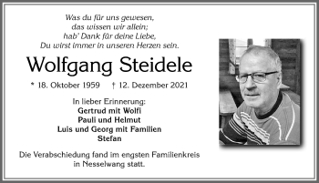 Traueranzeige von Wolfgang Steidele von Allgäuer Zeitung, Füssen