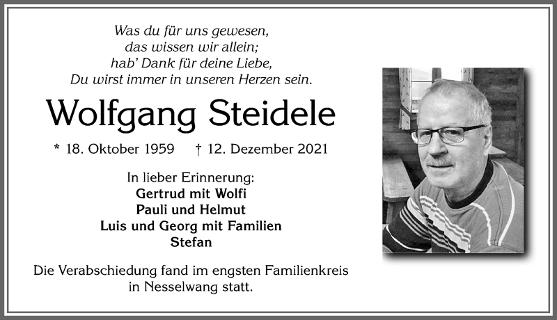  Traueranzeige für Wolfgang Steidele vom 18.12.2021 aus Allgäuer Zeitung, Füssen