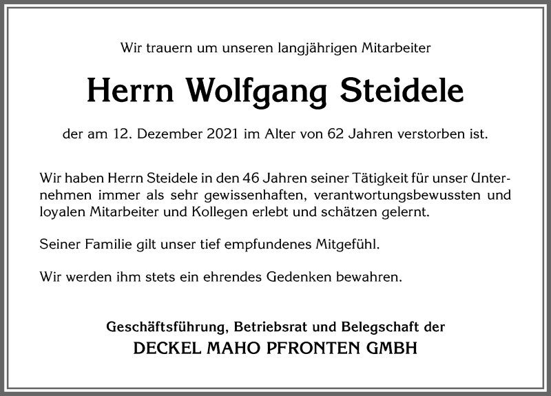  Traueranzeige für Wolfgang Steidele vom 18.12.2021 aus Allgäuer Zeitung, Füssen