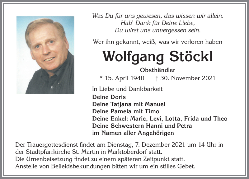  Traueranzeige für Wolfgang Stöckl vom 04.12.2021 aus Allgäuer Zeitung, Marktoberdorf