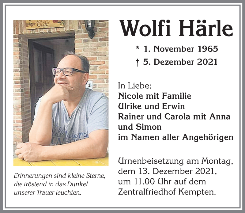  Traueranzeige für Wolfi Härle vom 10.12.2021 aus Allgäuer Zeitung, Marktoberdorf