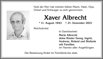 Traueranzeige von Xaver Albrecht von Allgäuer Zeitung,Kempten