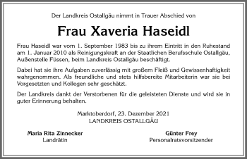 Traueranzeige von Xaveria Haseidl von Allgäuer Zeitung, Füssen