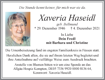 Traueranzeige von Xaveria Haseidl von Allgäuer Zeitung, Füssen