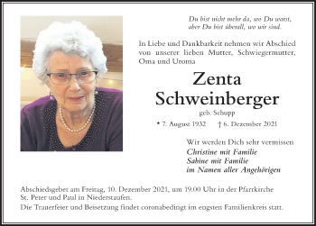 Traueranzeige von Zenta Schweinberger von Der Westallgäuer