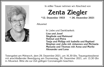 Traueranzeige von Zenta Ziegler von Allgäuer Zeitung,Kempten
