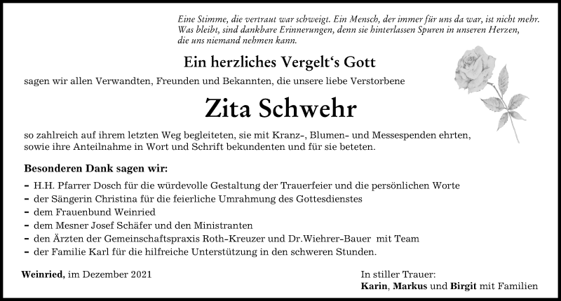  Traueranzeige für Zita Schwehr vom 18.12.2021 aus Memminger Zeitung