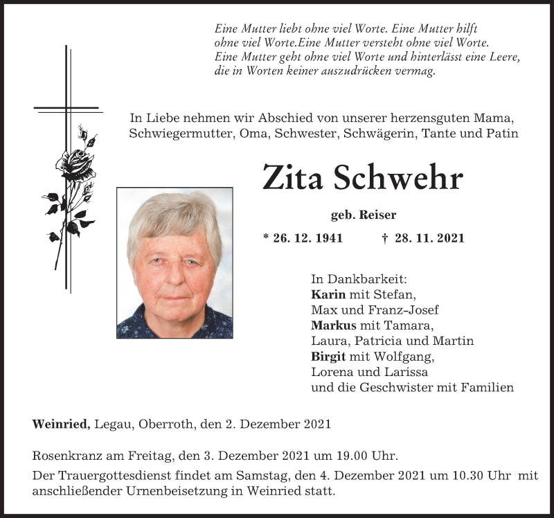  Traueranzeige für Zita Schwehr vom 02.12.2021 aus Memminger Zeitung