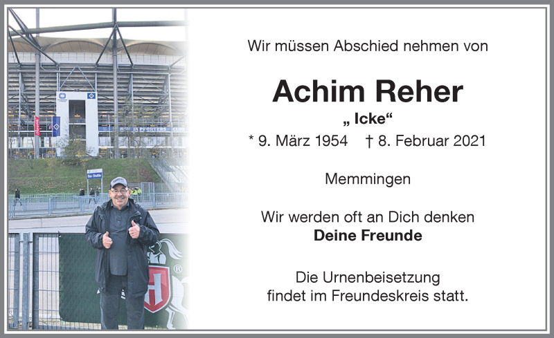  Traueranzeige für Achim Reher vom 13.02.2021 aus Memminger Zeitung