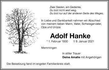 Traueranzeige von Adolf Hanke von Memminger Zeitung