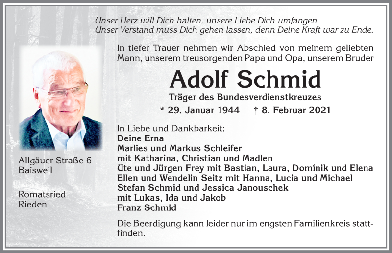  Traueranzeige für Adolf Schmid vom 11.02.2021 aus Allgäuer Zeitung