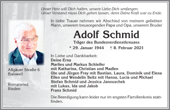 Traueranzeige von Adolf Schmid von Allgäuer Zeitung