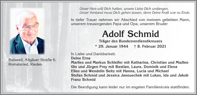  Traueranzeige für Adolf Schmid vom 11.02.2021 aus Allgäuer Zeitung, Kaufbeuren/Buchloe