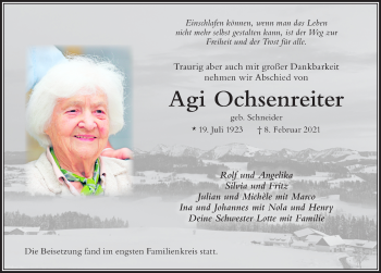 Traueranzeige von Agi Ochsenreiter von Der Westallgäuer