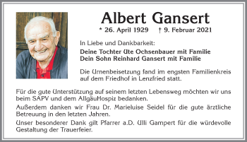 Traueranzeige von Albert Gansert von Allgäuer Zeitung,Kempten