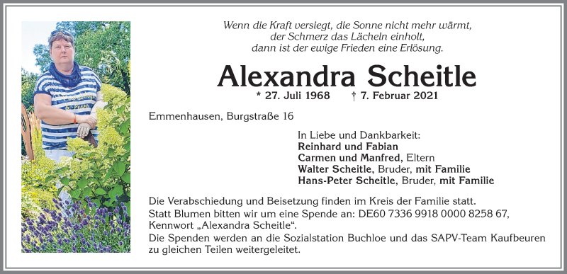  Traueranzeige für Alexandra Scheitle vom 13.02.2021 aus Allgäuer Zeitung, Kaufbeuren/Buchloe