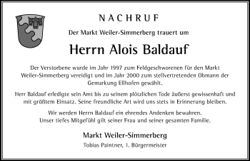 Traueranzeige von Alois Baldauf von Der Westallgäuer